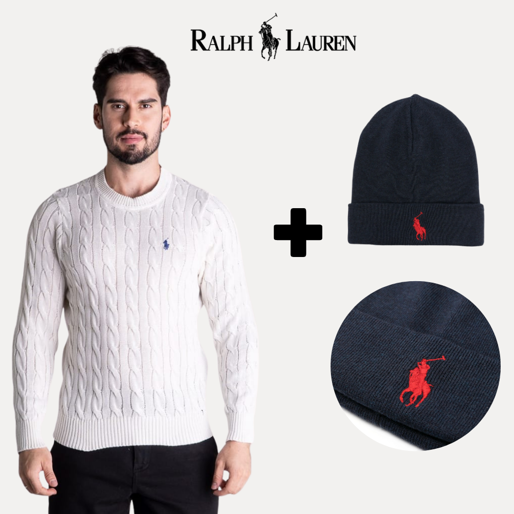 Pull tricoté RL + bonnet polo RL en cadeau